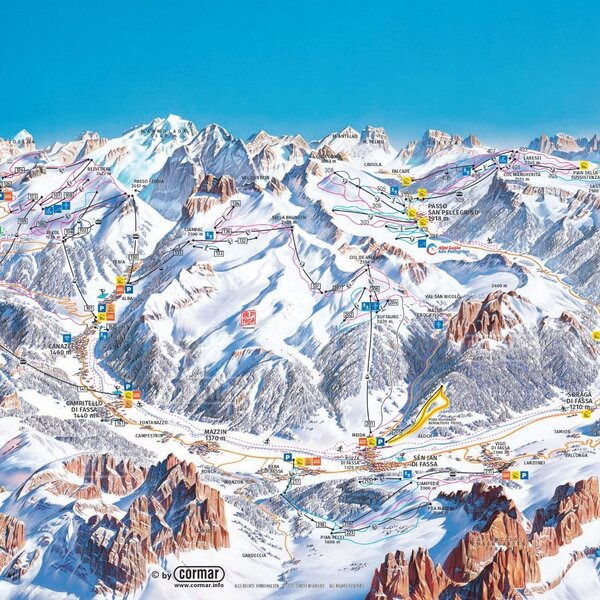 Mappa ski aree Val di Fassa | © Cormar Mappa panoramica ski aree Val di Fassa | © Cormar